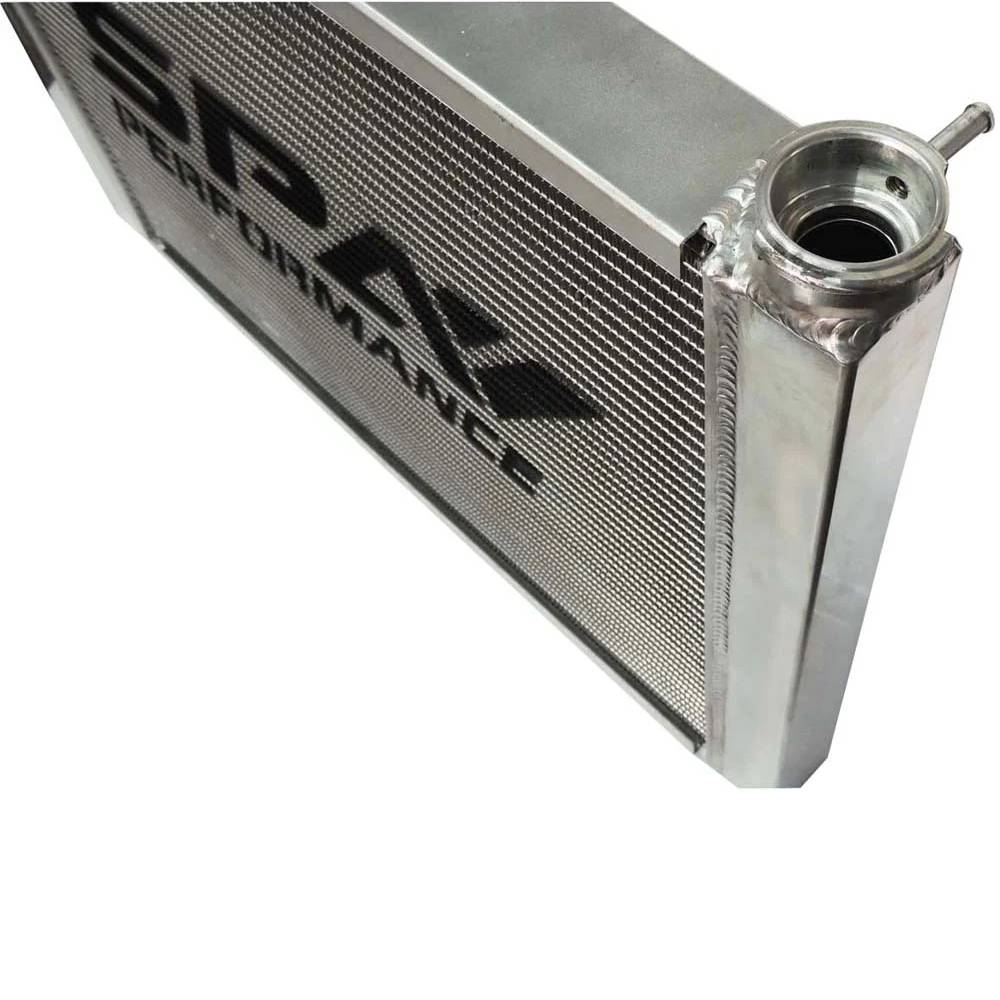 Lightweight Late Model Radiator - Double Pass - 26.8" x 19.6" + Power Steering Tank Firewall Mount (Right Inlet) - Black Cap SPA TURBO USA