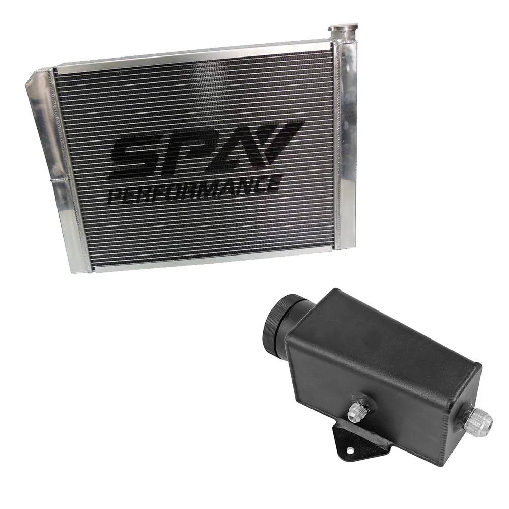 Lightweight Late Model Radiator - Double Pass - 26.8" x 19.6" + Power Steering Tank Firewall Mount (Right Inlet) - Black Cap SPA TURBO USA