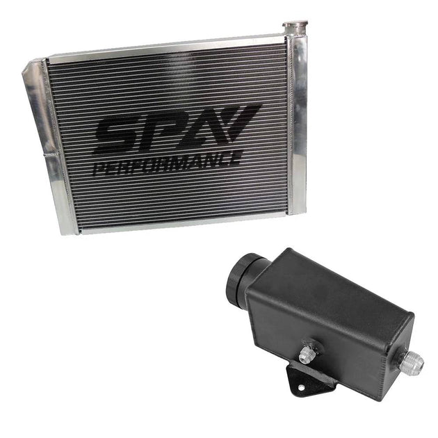 Lightweight Late Model Radiator - Double Pass - 26.8" x 19.6" + Power Steering Tank Firewall Mount (Right Inlet) - Black Cap SPA TURBO USA