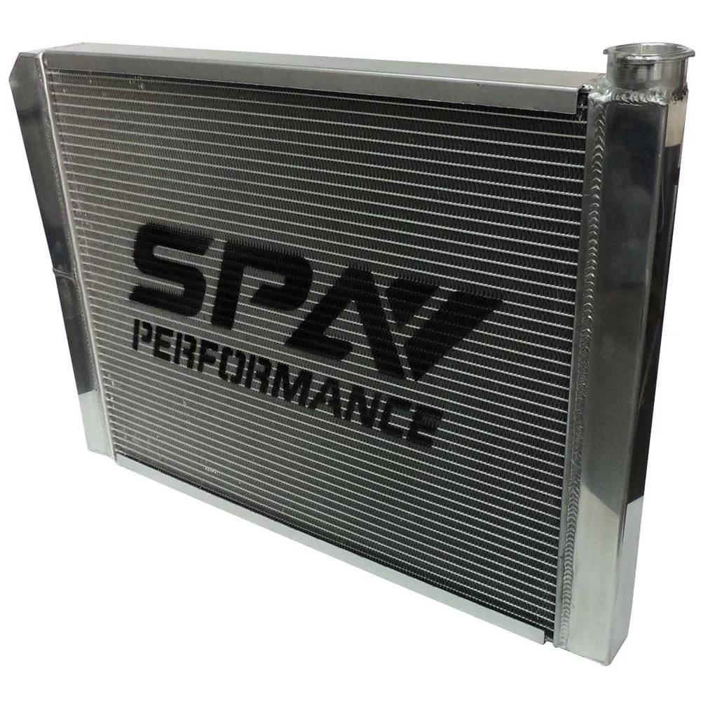 Lightweight Late Model Radiator - Double Pass - 26.8" x 19.6" + Power Steering Tank Firewall Mount (Right Inlet) - Black Cap SPA TURBO USA