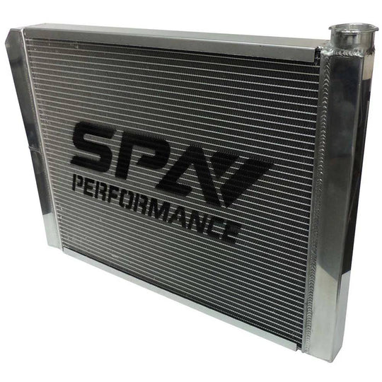 Lightweight Late Model Radiator - Double Pass - 26.8" x 19.6" + Power Steering Tank Firewall Mount (Right Inlet) - Black Cap SPA TURBO USA
