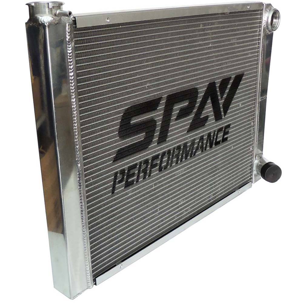 Lightweight Late Model Radiator - Double Pass - 26.8" x 19.6" + Power Steering Tank Firewall Mount (Right Inlet) - Black Cap SPA TURBO USA