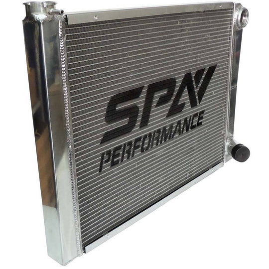 Lightweight Late Model Radiator - Double Pass - 26.8" x 19.6" + Power Steering Tank Firewall Mount (Right Inlet) - Black Cap SPA TURBO USA