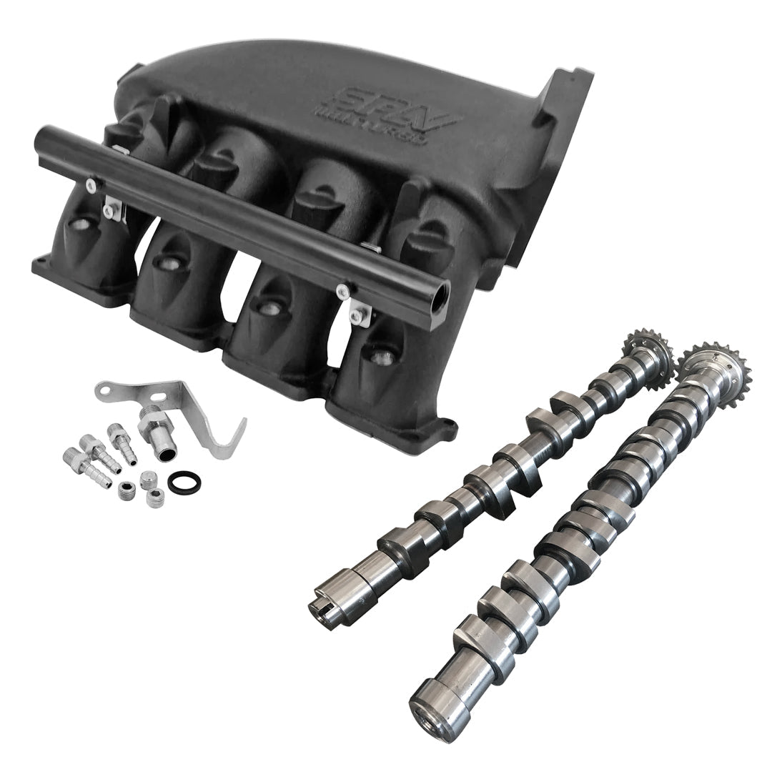 CAST ALUMINUM INTAKE MANIFOLD FOR TRANSVERSE VW/AUDI 1.8T WITH 4 INJECTORS FUEL RAIL KIT (RIGHT SIDE OEM THROTTLE) - BLACK + 252 / 260 HIGH PERFORMANCE CAMSHAFT SET FOR VW/AUDI 1.8L 20V SPA TURBO USA