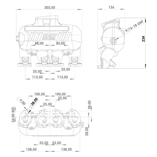 INTAKE MANIFOLD VW 8V CROSS FLOW LONGITUDINAL - 8 INJECTORS - WITHOUT BOLT HOLES - BLACK SPA TURBO USA