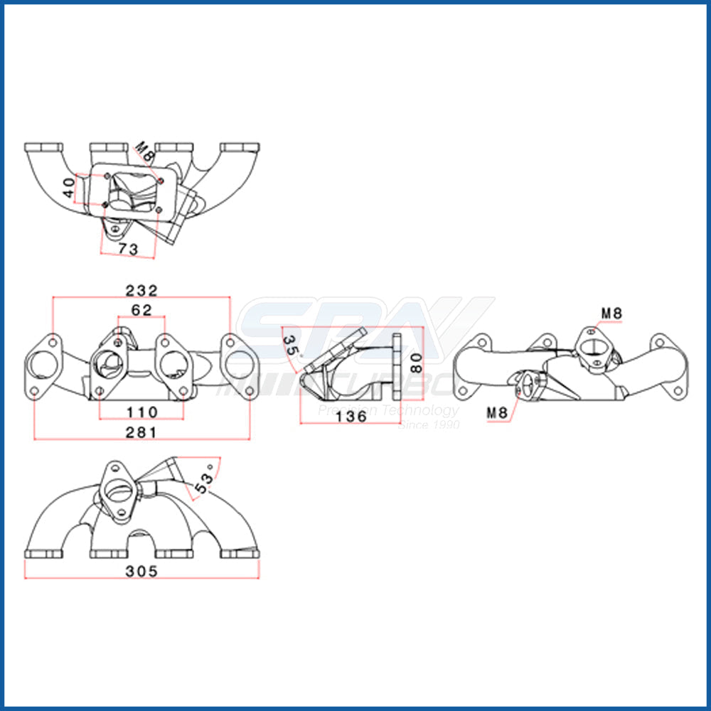 Chevy Euro Family I 8v C10NZ / C14NZ / C16NZ T25 turbo manifold with external WG SPA TURBO USA