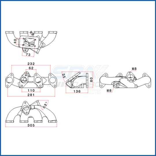 Chevy Euro Family I 8v C10NZ / C14NZ / C16NZ T25 turbo manifold with external WG SPA TURBO USA