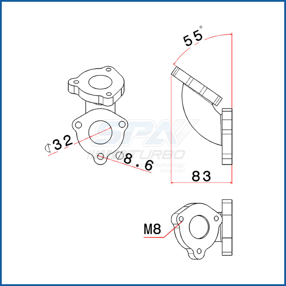 55 degree L fitting Wastegate mount for Golf IV TMW08T3N manifold SPA TURBO USA