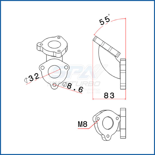 55 degree L fitting Wastegate mount for Golf IV TMW08T3N manifold SPA TURBO USA