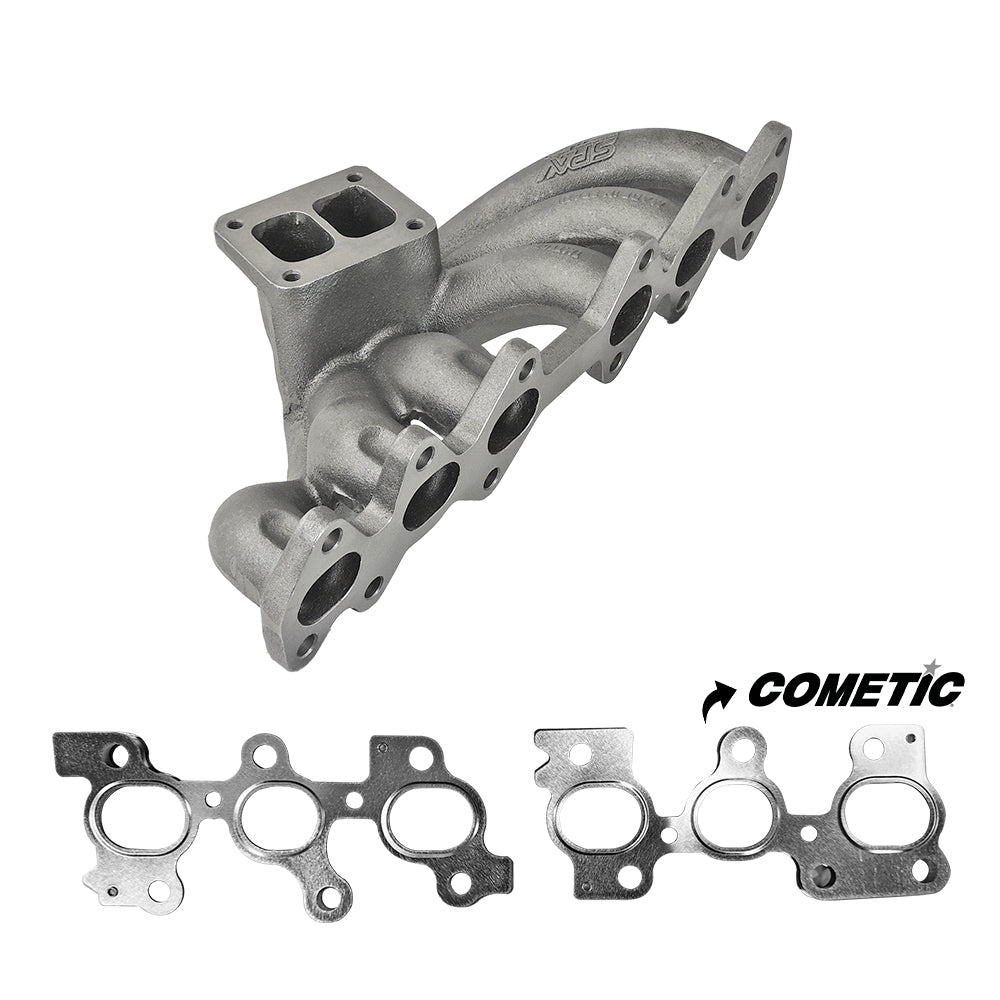 TOYOTA / LEXUS 2JZ-GTE T4 TOP MOUNT TWIN SCROLL CAST TURBO MANIFOLD V-BAND WASTEGATE + COMETIC MLS EXHAUST MANIFOLD GASKET SPA TURBO USA