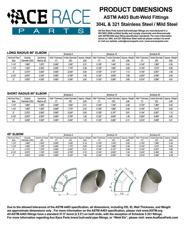 1-1/2" Schedule 10 45° Elbow 304 Stainless Ace Race Parts